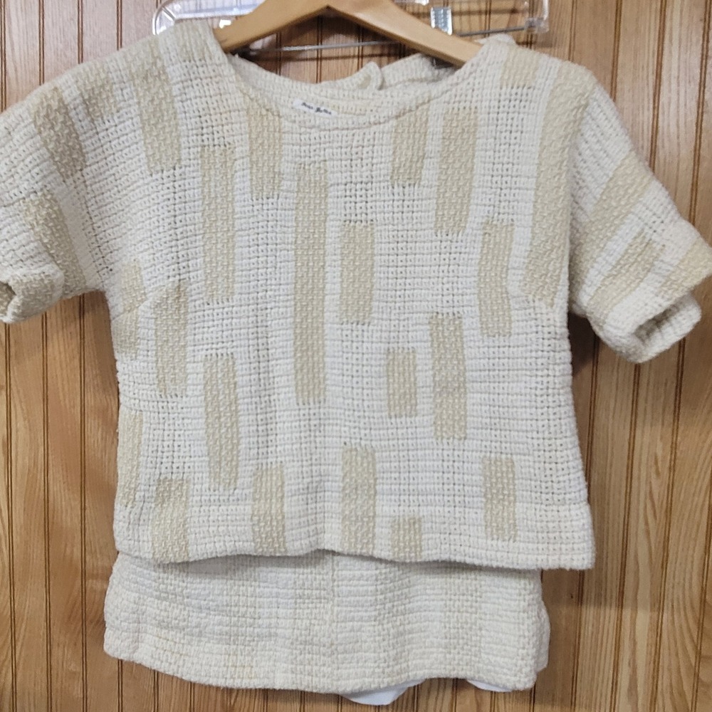 Vintage 3 PC Set Cream Beige Textured Woven Geometric Mod Top Skirt Vest Set